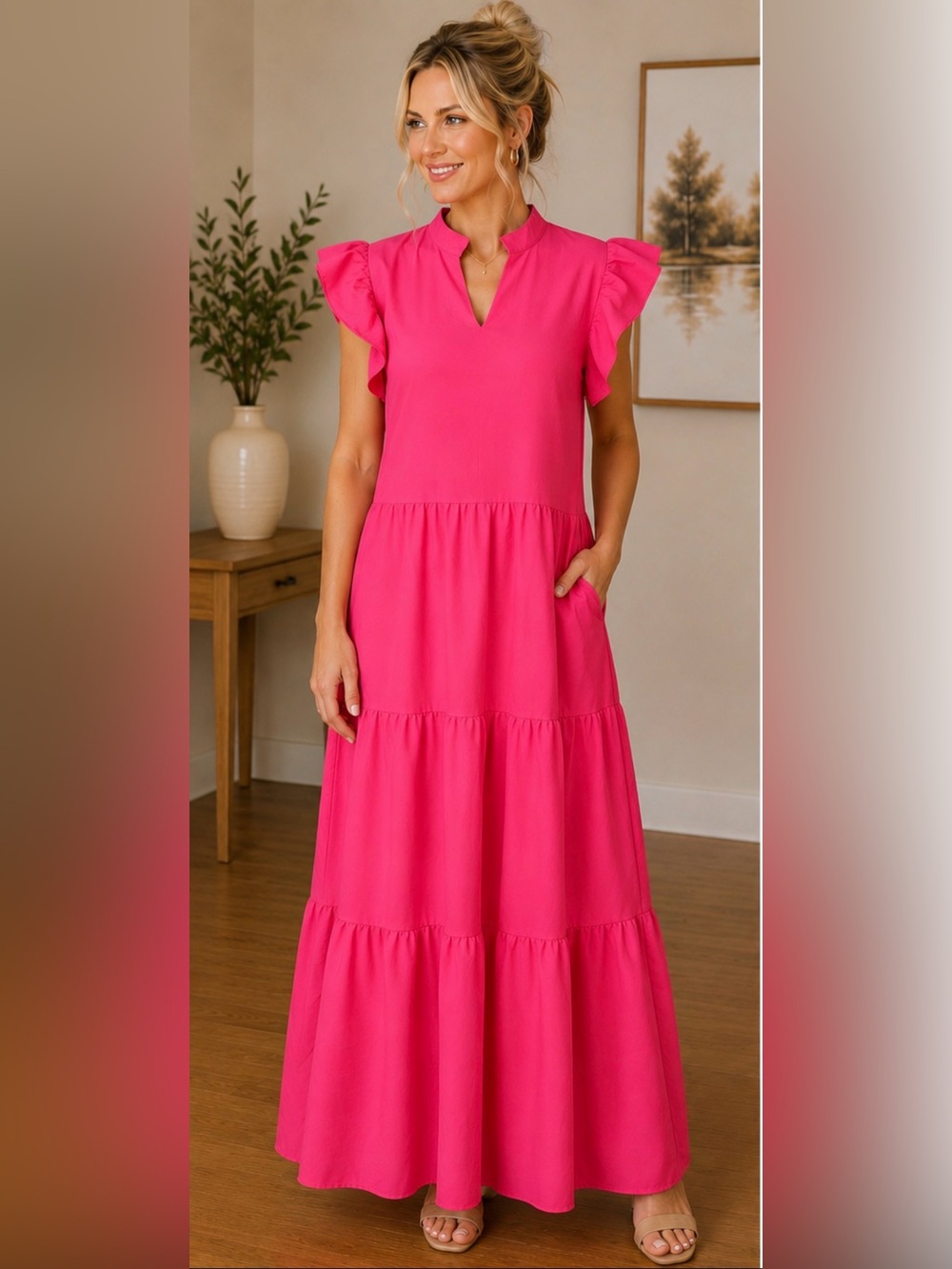 Hot Pink Tiered Maxi Dress Ruffle Sleeve V-Neck Size Medium